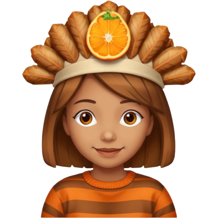 happy tan girl with an orange striped sweater and a cooked browned turkey on her head  emoji