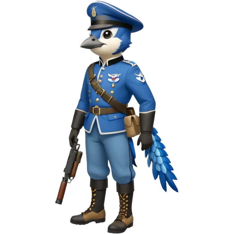 A bluejay bombadier, grenadier, military uniform, bandolier of grenades, bombs, side profile, feet included  emoji