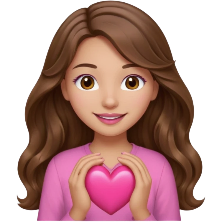 girl with long wavy brown hair, brown eyes, light to medium complexion, in a pink shirt, pink lips, long lashes, smiling, squeezing a big heart emoji