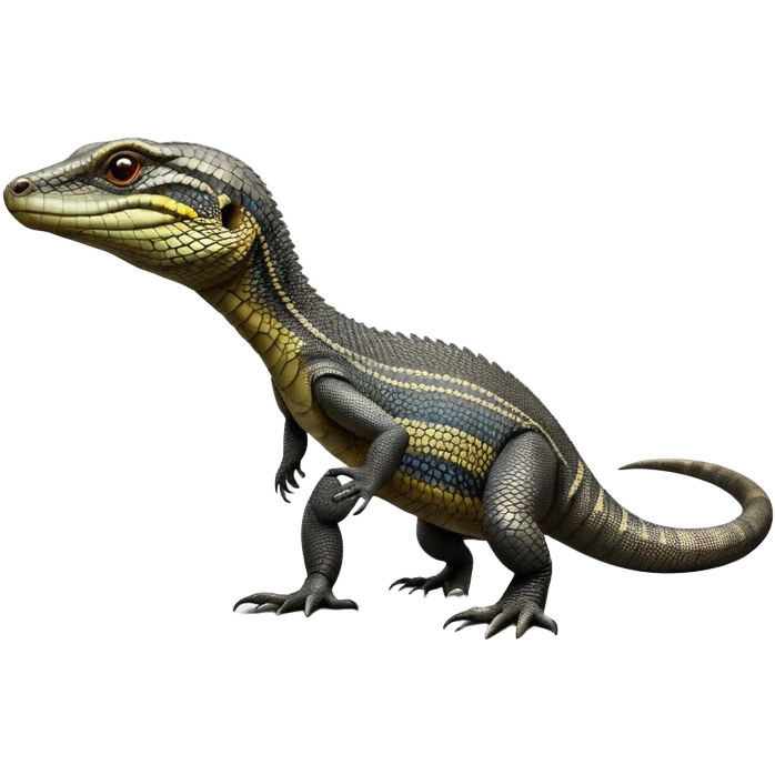 cinematic-monitor-lizard-realistic-full-body-standing on all fours-emoji,-long-powerful-tail-dragging-slightly-behind,-sleek-scaled-body-textured-with-rich-patterns and stripes,-head-tilted-dramatically,-dark-intense-eyes-observing-its-surroundings,-simplified-yet-realistic-focused-features,-highly-detailed,-glowing-with-an-almost-sarcastic-glow emoji