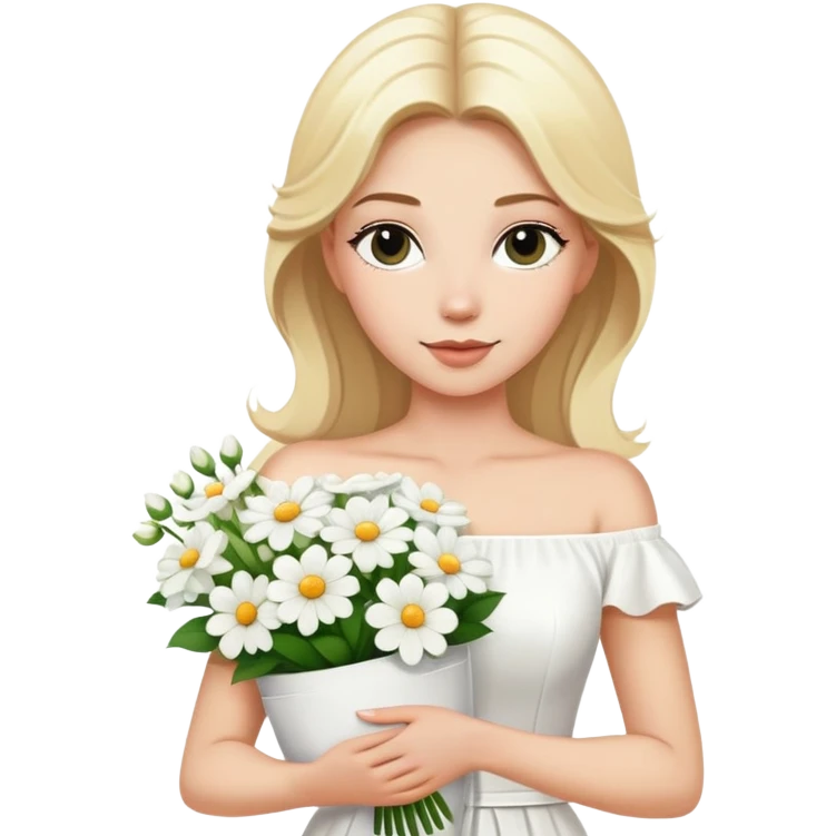 blonde woman in a white off-shoulder dress with a bouquet of white flowers in a white bag in her right hand emoji