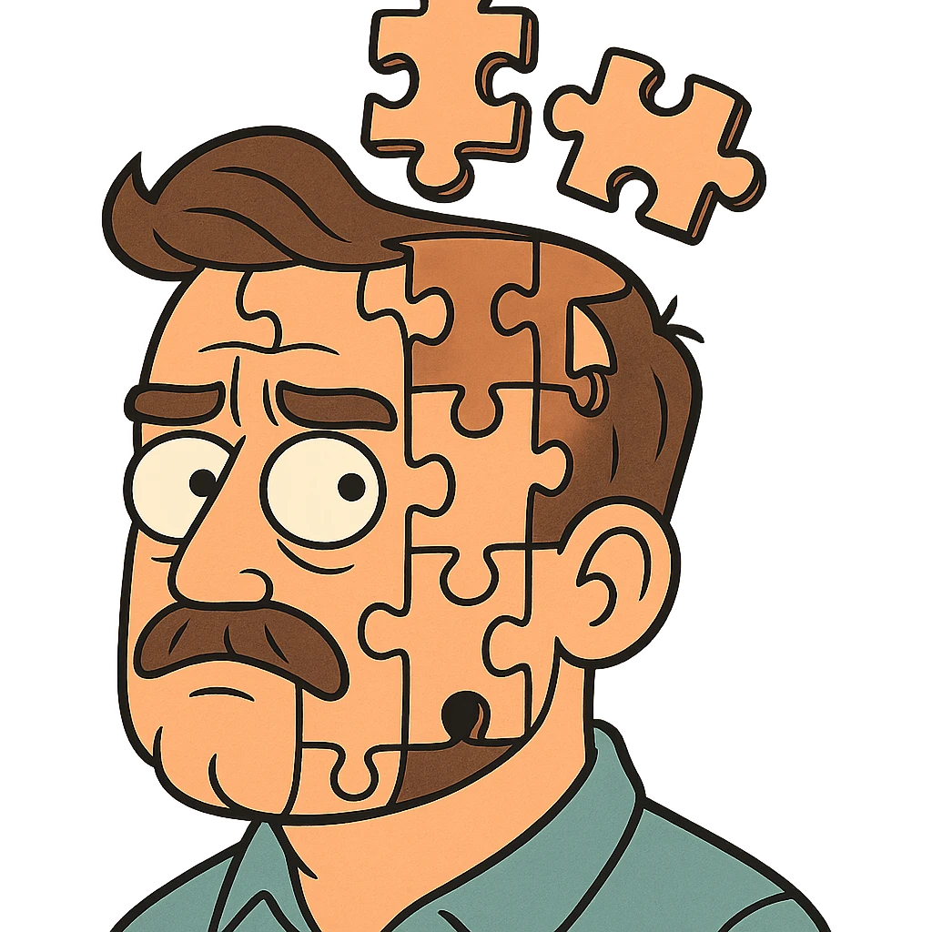 A man's head as a mosaic puzzle, with pieces fitting into his head emoji