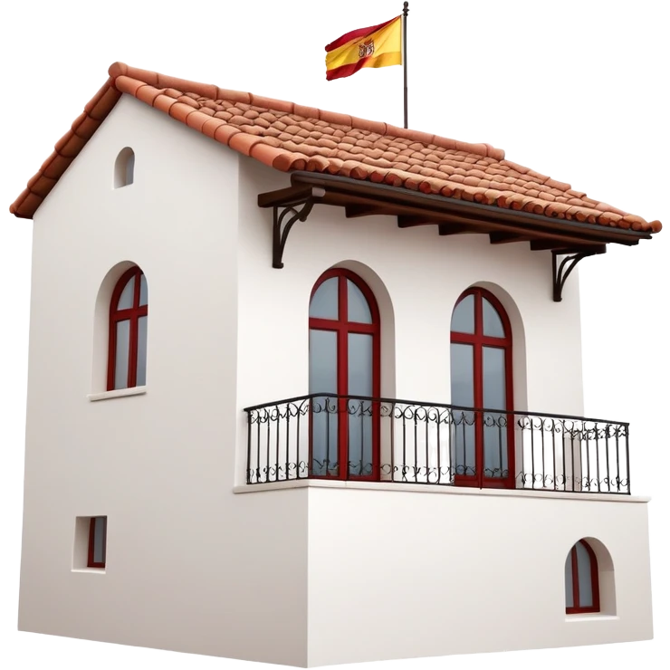White stucco Spanish villa with red clay tile roof, arched windows, with Spanish flag (red-yellow-red horizontal stripes) hanging from the balcony emoji