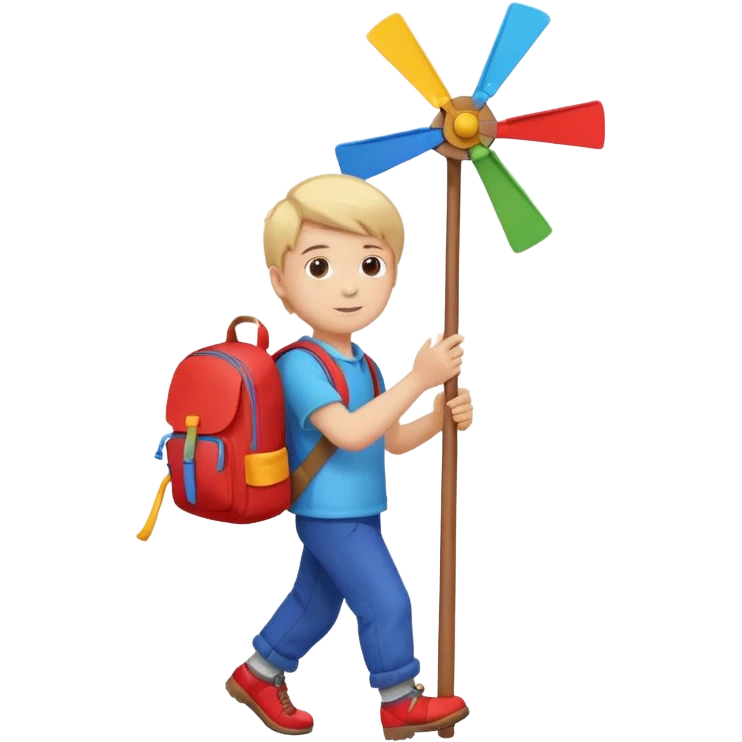Boy carrying toy windmill backpack emoji