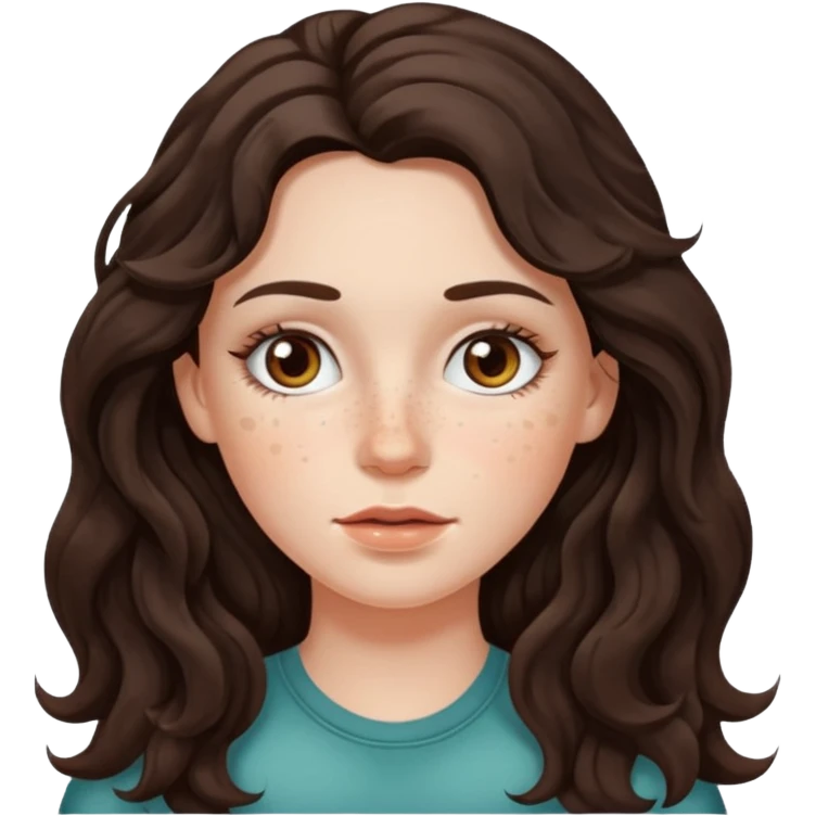 A white girl with long dark brown wave hair and patches under her eyes emoji