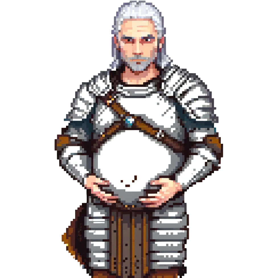 Geralt of Rivia holding his pregnant belly, pixel art style, silver hair, medieval armor, simple background emoji