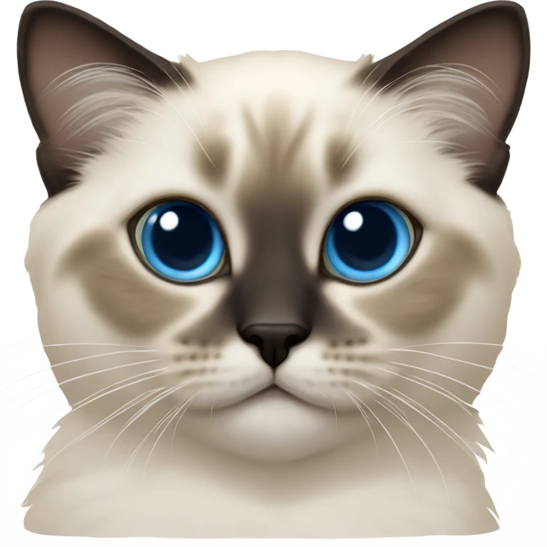 an entire birman kitten, small face, some spots of dark on the ears and middle of the face, blue eyes, laying down relaxed on a shoulder. emoji