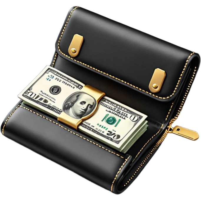 Rich emoji style black leather wallet with dollar bills, luxury money vibe, premium 3D emoji, ultra clean, high detail, no background emoji