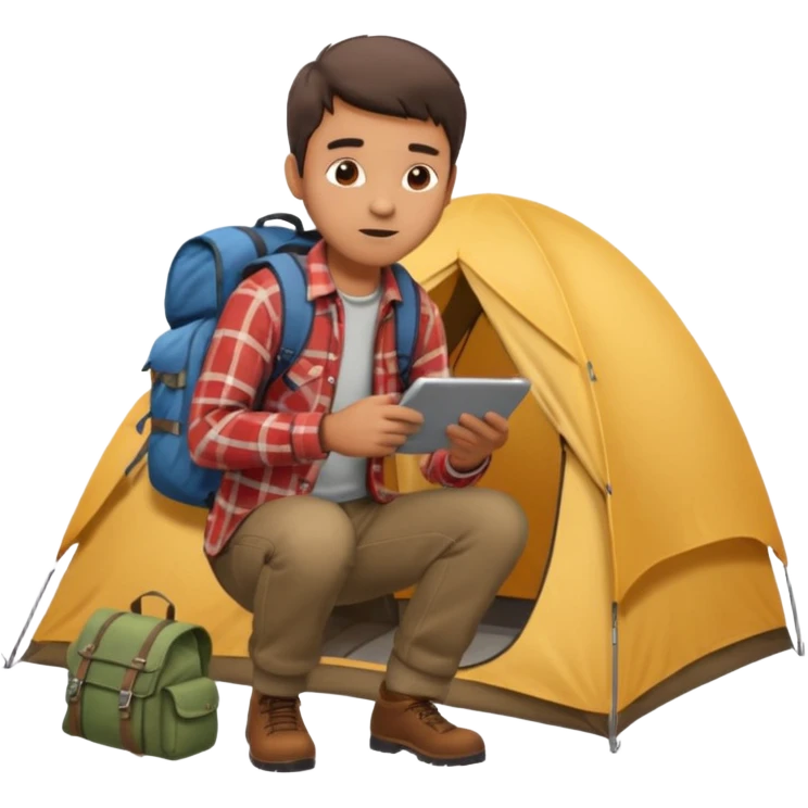 A man wearing a flannel shirt and backpack, setting up a tent with focused hands emoji