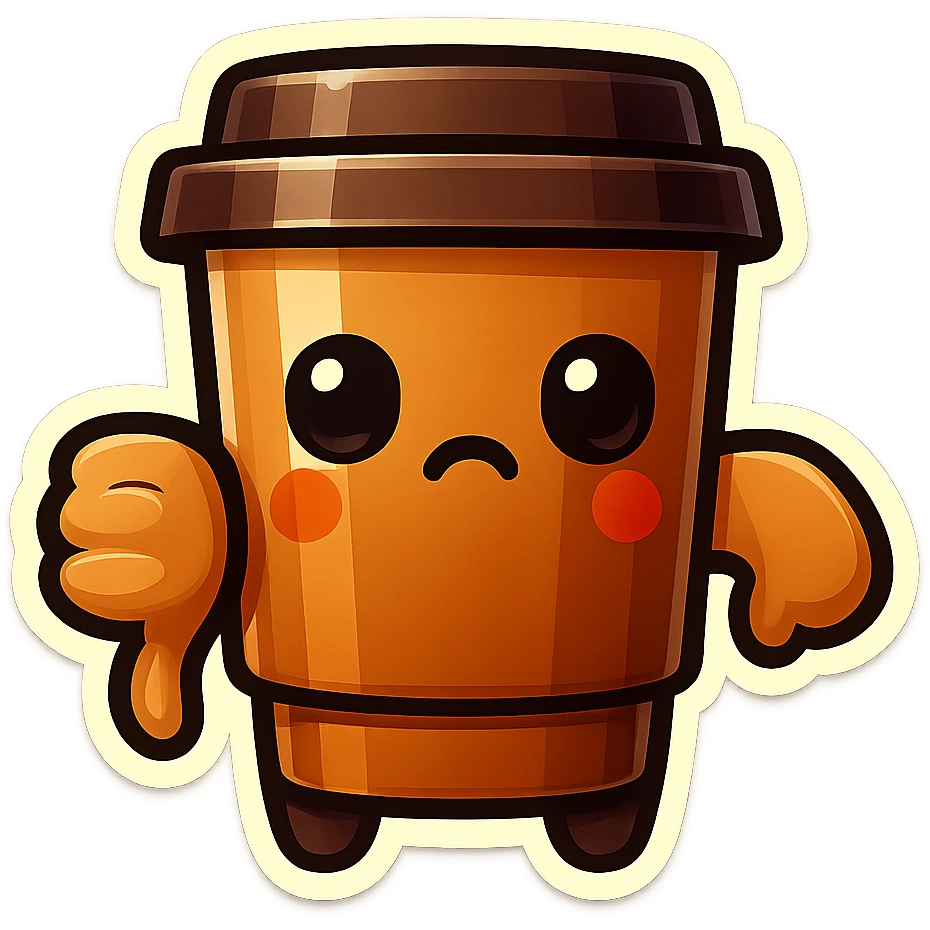 Tall coffee cup, no mouth, big thumbs doen emoji