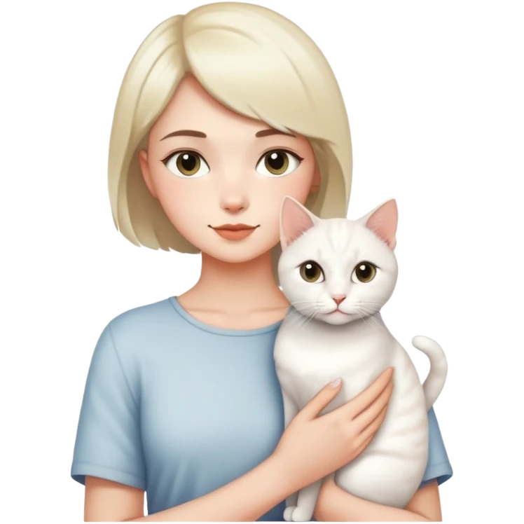 A handsome girl with short hair is holding a white Devon cat emoji