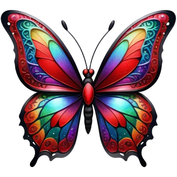 edgy black and red glittery iridescent rainbow transparent butterfly with detailed intricate patterns emoji