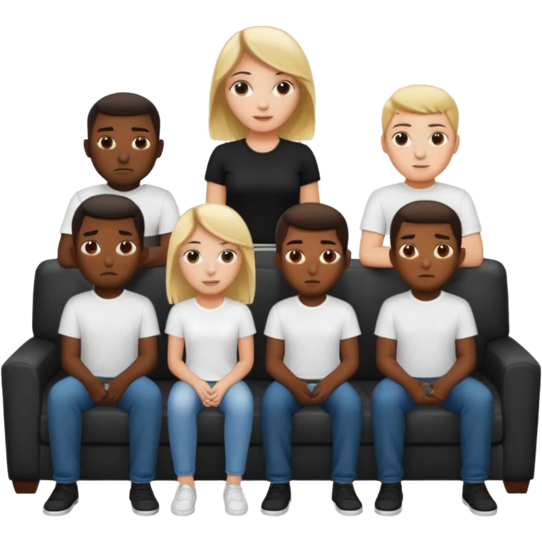A white girl sitting alone on a couch with 5 black men in white shirts behind the couch emoji