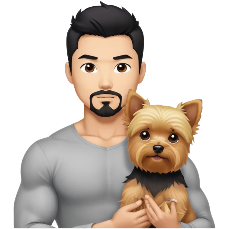 Dark haired Korean Asian handsome muscular man with black pointy hair full goatee.   Holding one blonde yorkie.  emoji