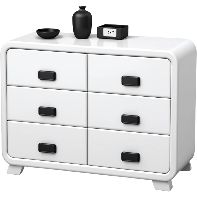 A sleek white 6-drawer chest with black knobs — like six quiet doors holding hidden treasures, balancing crisp light and grounding dark, ready to guard your essentials with minimalist charm. emoji