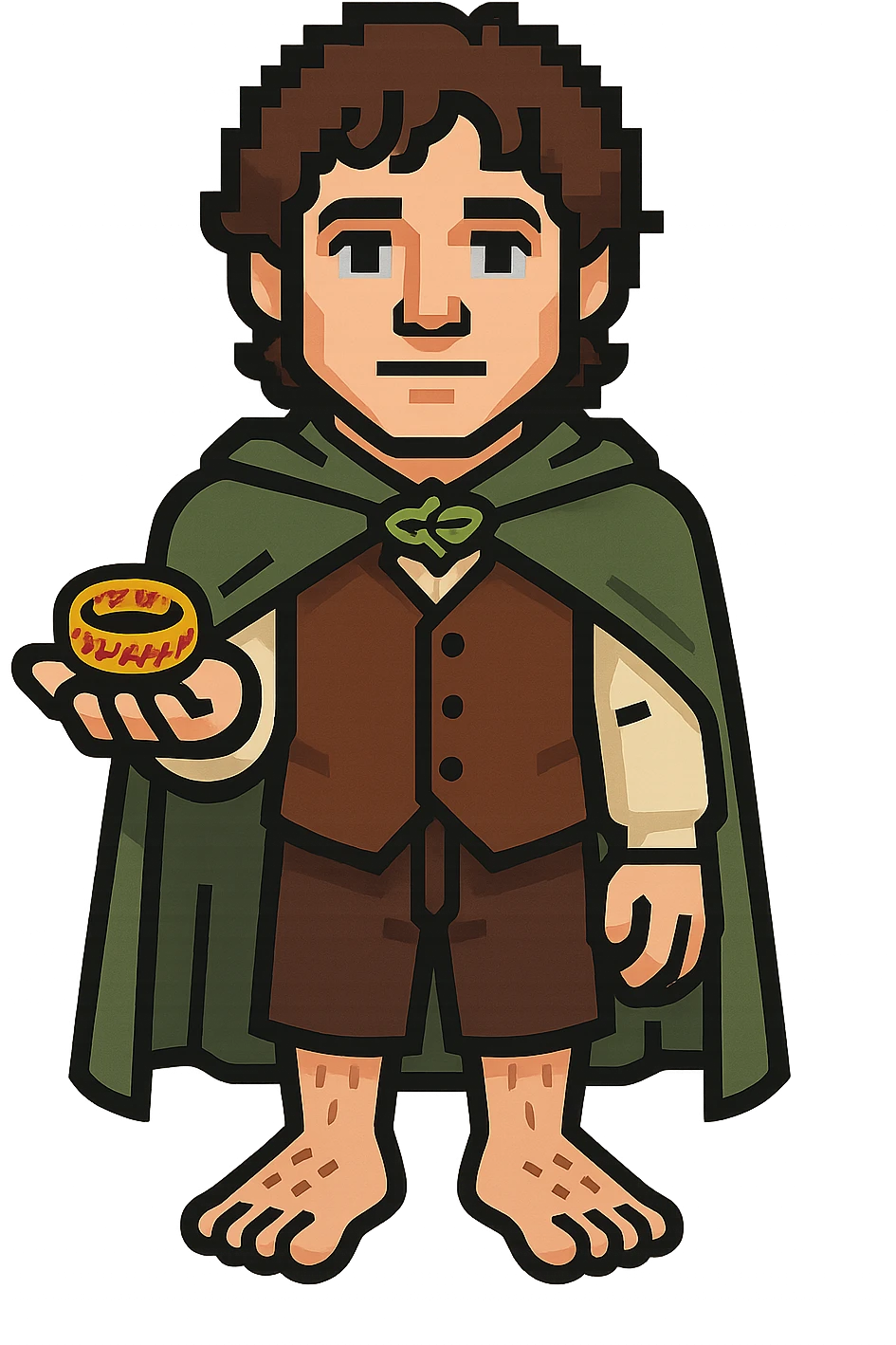 Whole body image of Frodo Baggins from the lord of the rings movie in pixel art style. Make Frodo look like the actor that portrayed him in the movie, Elijah Wood. Frodo is wearing the same green elven cloak with the leaf buckle, brown vest, cream undershirt, dark brown leather short pants, and hairy hobbit feet. He is holding the one ring in the palm of his outstretched hand. the ring is golden yellow with red elven inscription. emoji