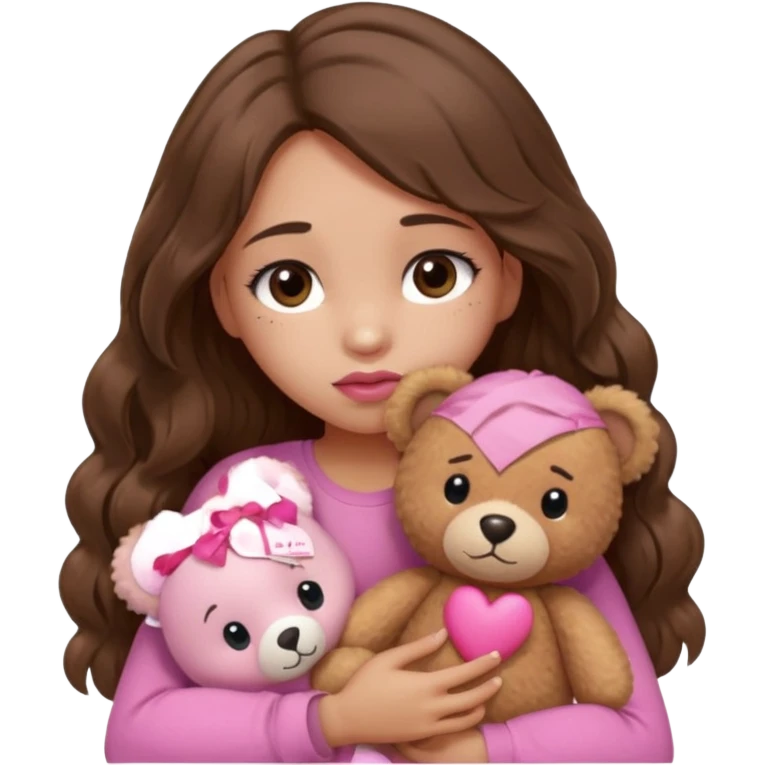 girl with long wavy brown hair, brown eyes, light to medium complexion, in a pink shirt, pink lips, long lashes, sad, hugging squeezing a teddy bear with bandaid hearts emoji