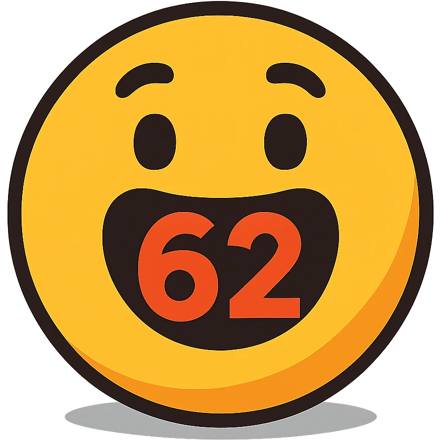 number 62 cheerful cartoon emoji style slight shadow emoji