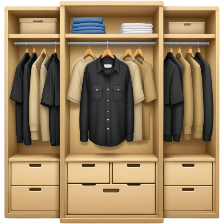 Cartoon wardrobe slightly open showing black shirts, khaki pants, overall, and work clothes neatly organized inside emoji