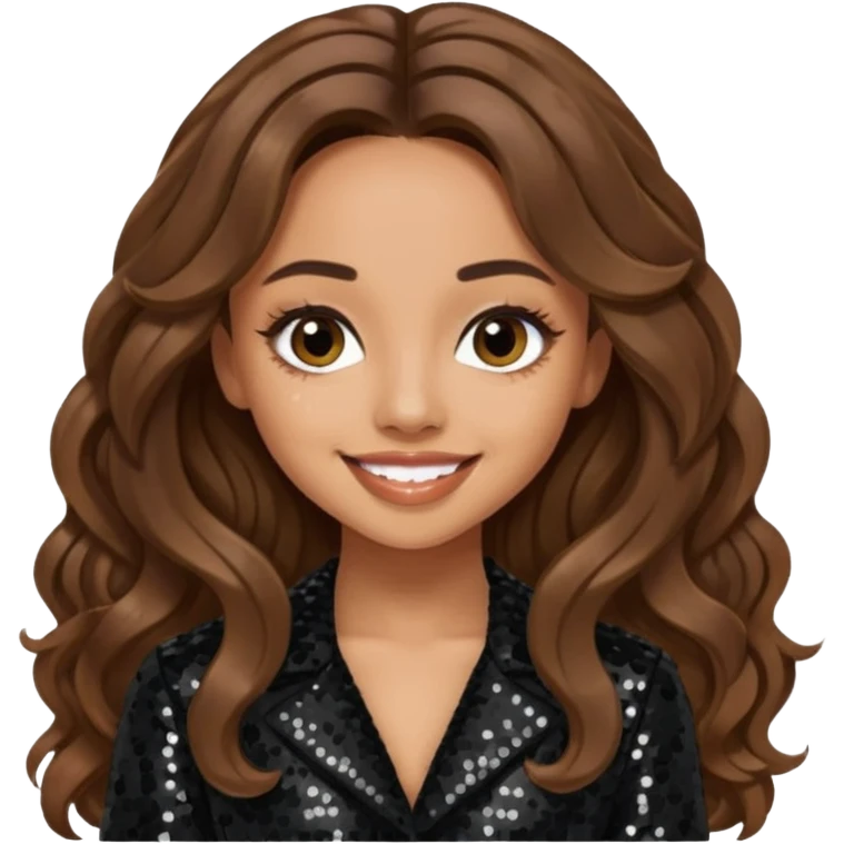 Jade Thirlwall from Little Mix with long brown hair, black sequin outfit emoji