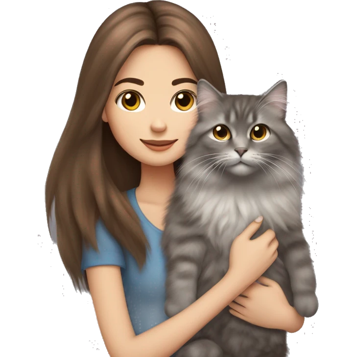  Chestnut brown straight hair girl holding fluffy Siberian gray cat  emoji