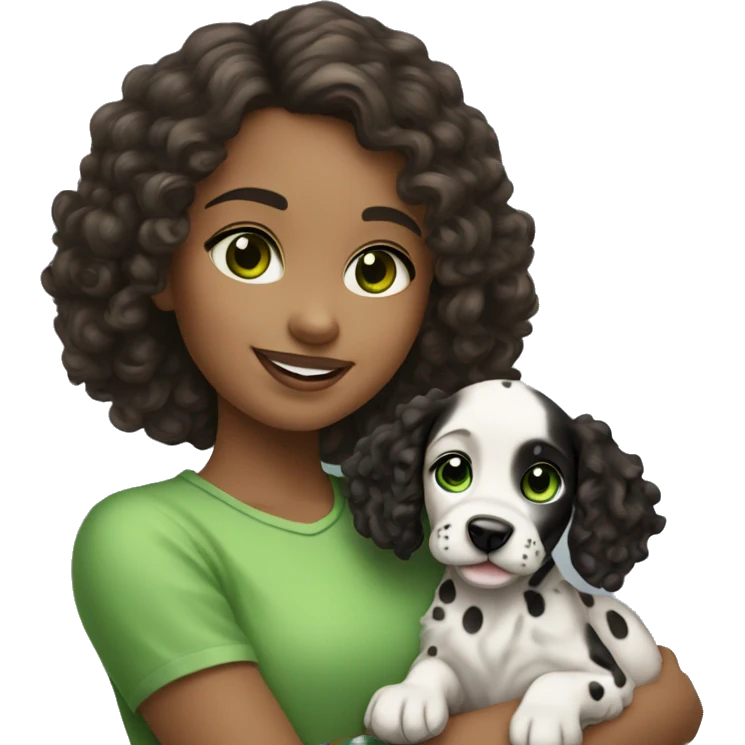 Girl with dark brown curly hair and green eyes is holding Dalmatian puppy emoji