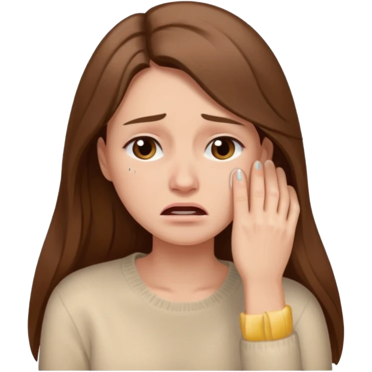 Woman with long brown hair crying, light beige sweater emoji