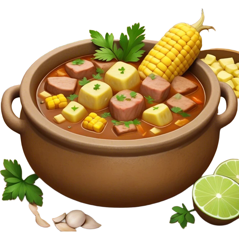 Cinematic Realistic Sancocho Antioqueño Emoji, depicting a hearty Colombian stew brimming with tender cuts of meat, yuca, plantains, corn on the cob, and potatoes in a rich, flavorful broth. Served in a rustic clay bowl with fresh cilantro and lime on the side, rendered with warm, inviting textures and homely, comforting lighting. emoji