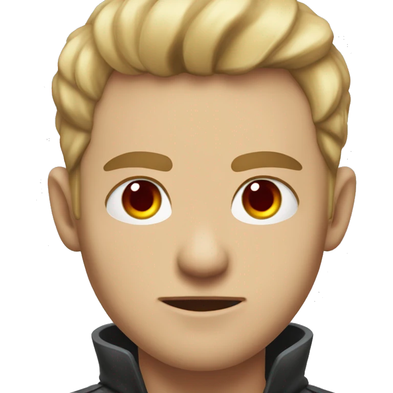 A man, with sharp red eyes and flowing blond short hair, eyes piercing straight ahead, mouth slightly turned up, have the spirit of overlord emoji
