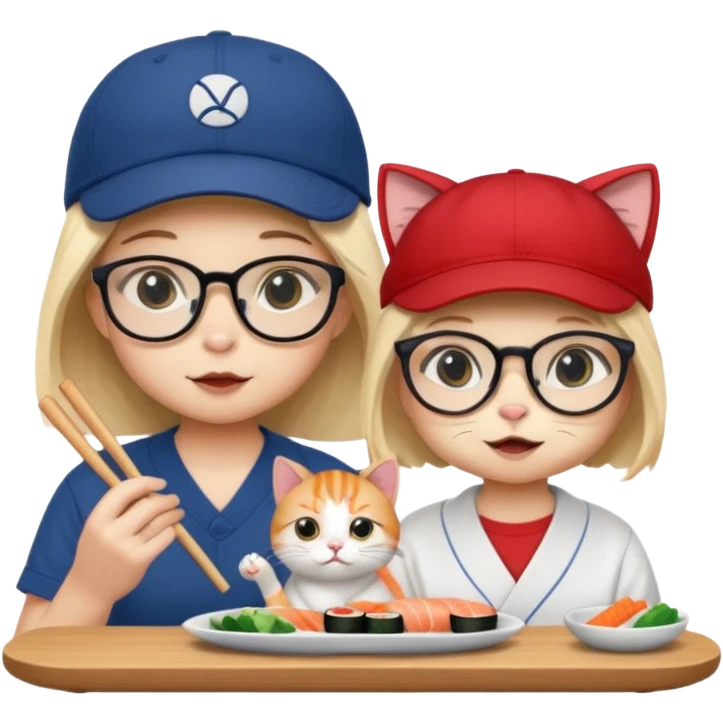 cute girl cat wearing glasses and a cute boy cat wearing a baseball cap eating sushi together emoji
