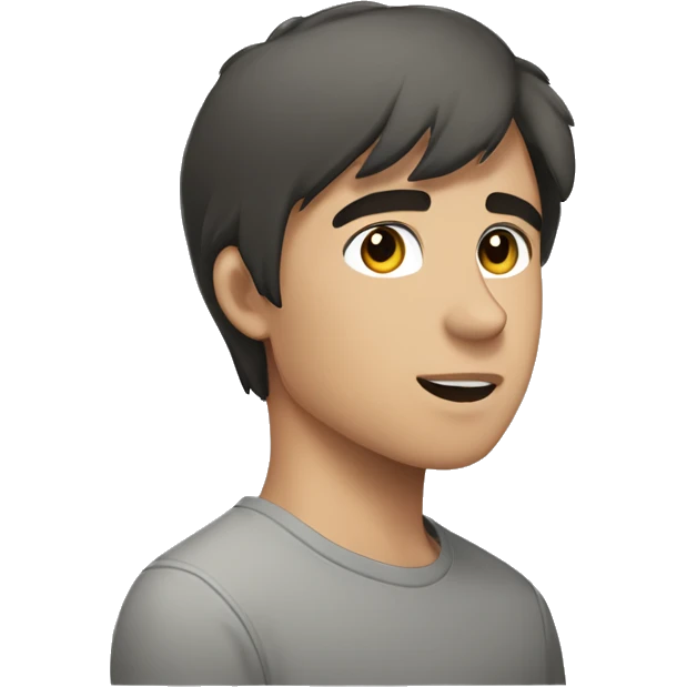 18 year old, male, brunete, short sideways fringe, grey tshirt, white pale emoji