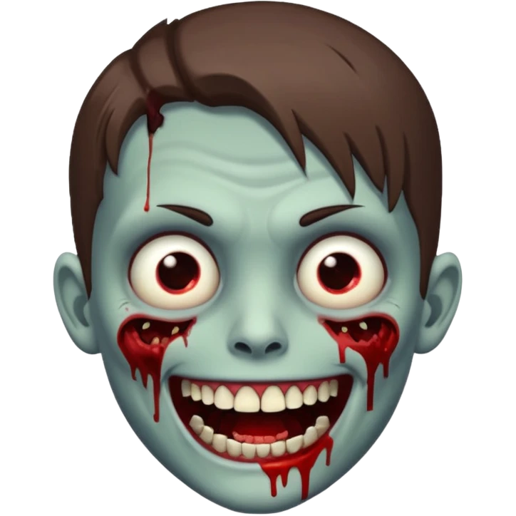 zombie boy with medium-length brown hair, white skin, and white eyes; an open smile, and bloodied teeth; emoji