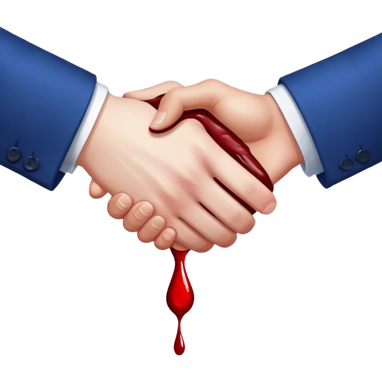handshake with one hand in blood, hands in blue suits, blood drops emoji