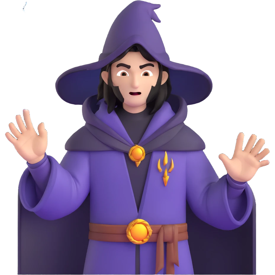 person with open palm hand toward viewer, mage casting spell, wrathful face, lightning in background emoji