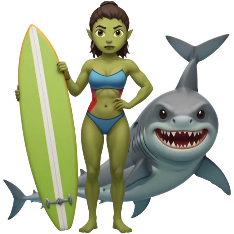 orc female holds a little surfboard with a shark painted vertically in his hands emoji