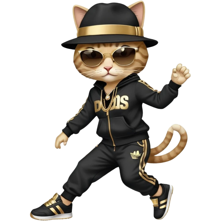 female cat dressed like Run DMC in tracksuit, fedora, Adidas shoes, dark sunglasses, lots of gold chains and bling accessories, break dancing emoji