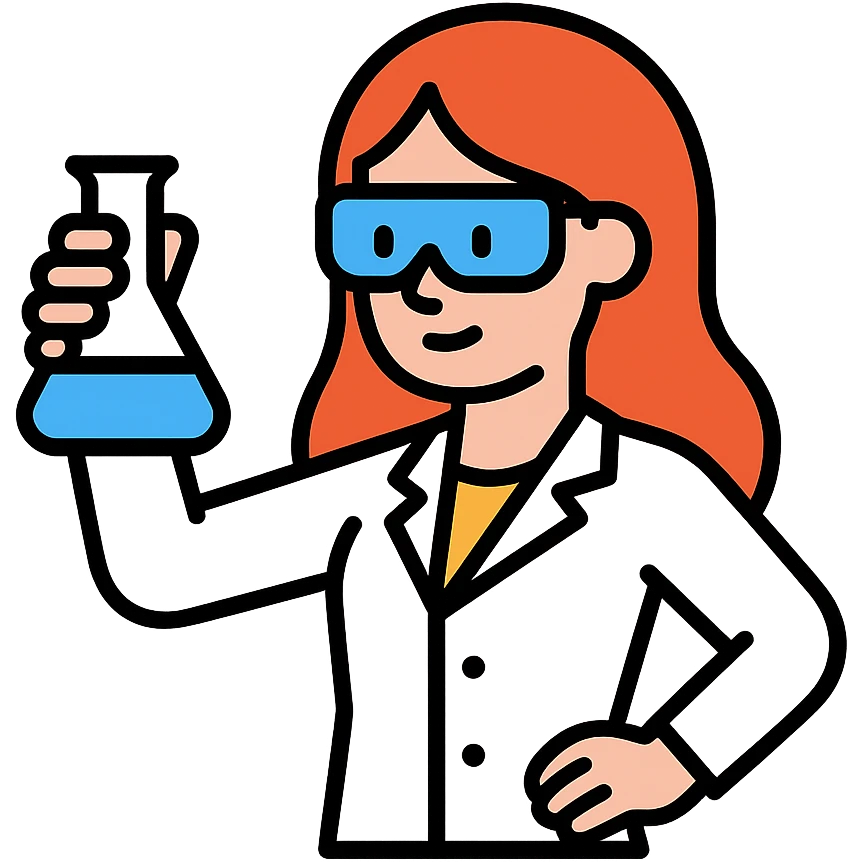 a beautiful girl scientist examining a beaker confident pose flat vector illustration style emoji