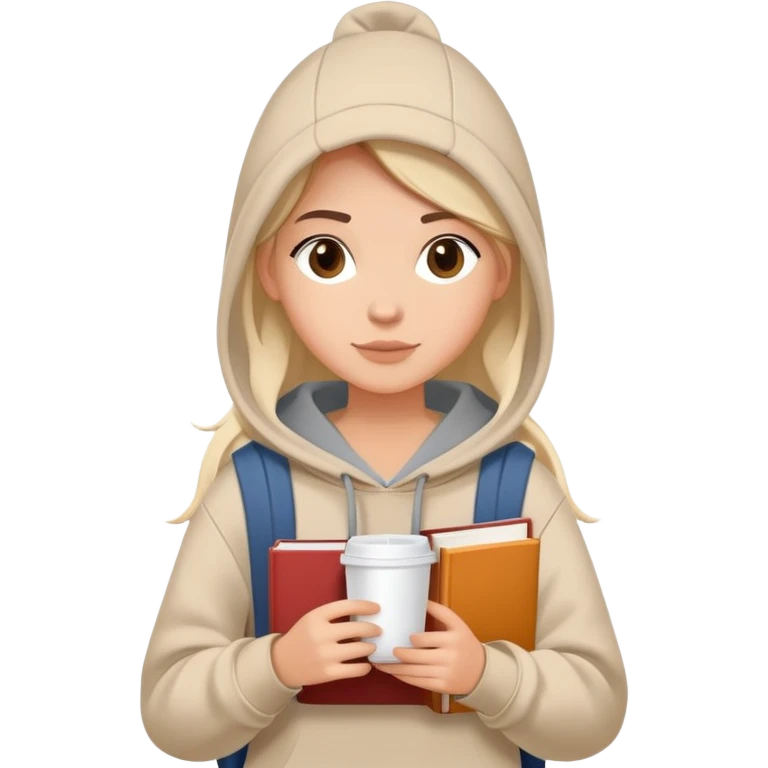 A flat-style illustration of a woman college student with a tote bag over the shoulder and a book in one hand and coffee. The student wears a hoodie. Clean cartoon style, white background, iOS emoji aesthetic. emoji