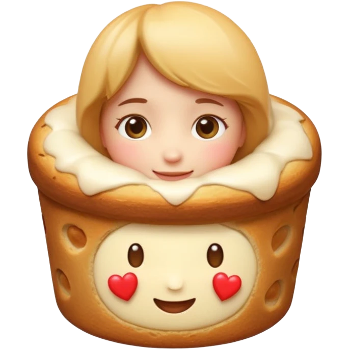 Apple-style emoji illustration of a cute face with dreamy eyes hugging a traditional panettone, small hearts floating around, soft 3D emoji style, smooth gradients, rounded shapes, warm festive colors, simple expression, centered composition, transparent background, no text. emoji