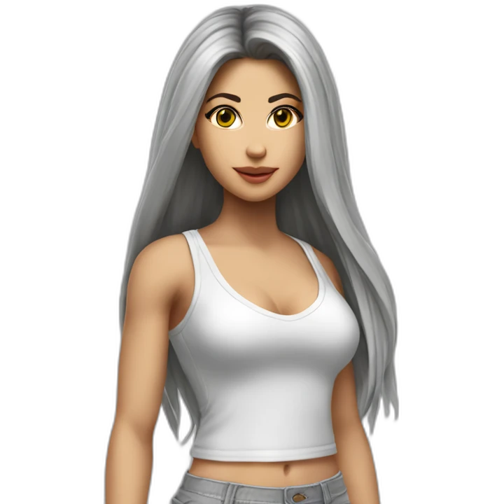 hyperrealistic shakira, long straight hair, white deep v-neck crop tanktop, gray tight mini skirt, frontal body view emoji