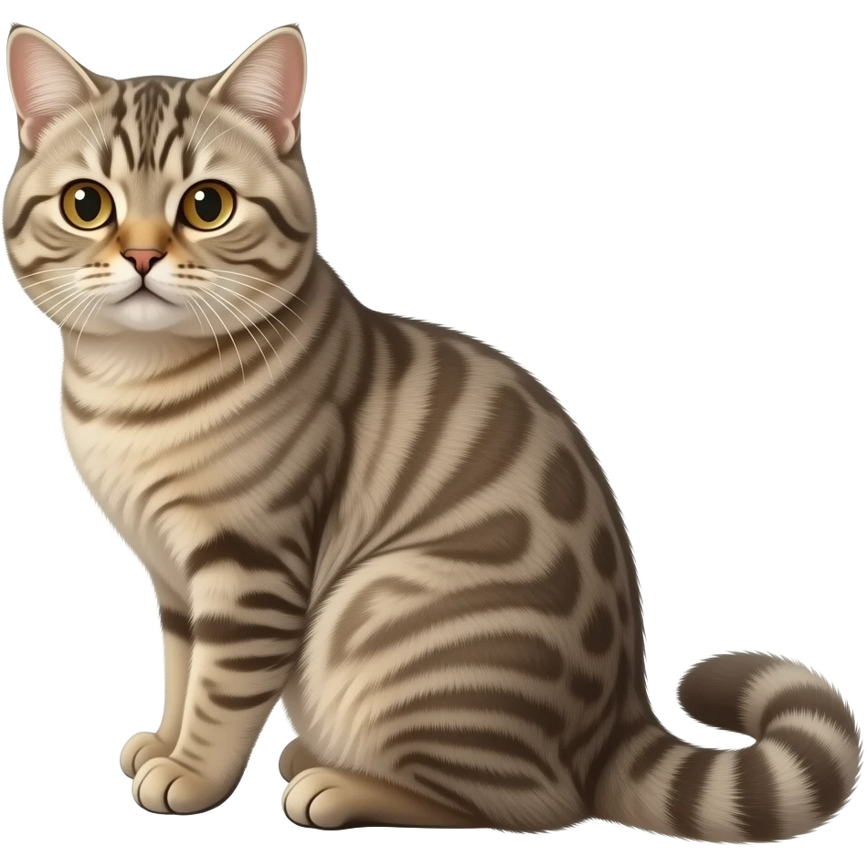 Realistic beautiful pretty straight-sitting cute Scottish Fold cat, back facing to the left, facing the viewer emoji