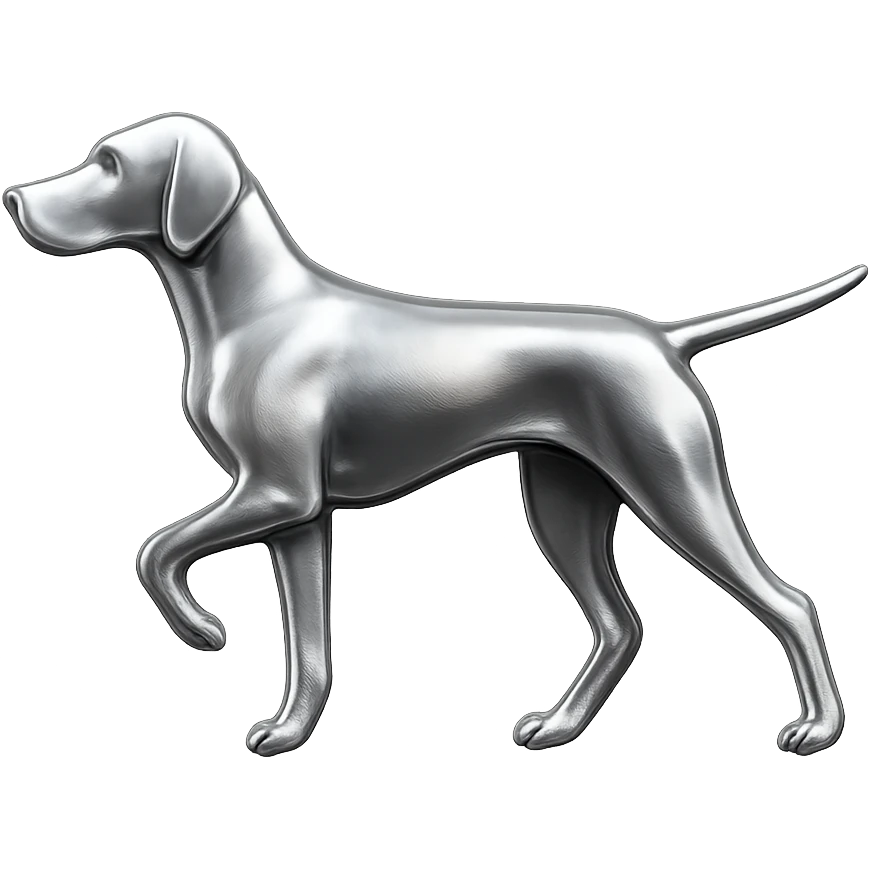               Apply a high-end, photorealistic metallic chrome material to the provided {subject}. The material should have a smooth, slightly curved surface with subtle reflections and soft shadows, resembling brushed or polished silver metal. Preserve the exact shape, proportions, and design of the original object. Set it against a solid black background (#000000) in 8K resolution. The lighting should enhance the beveled edges and reflective highlights, creating a sleek, premium finish. {subject} = dog pointing left emoji