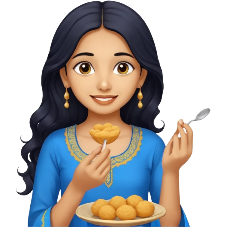 a pretty tan indian bratz girl with wavy long BLACK hair. eyeliner on, wearing a blue kurti, eating golgappa. NO SPOON emoji