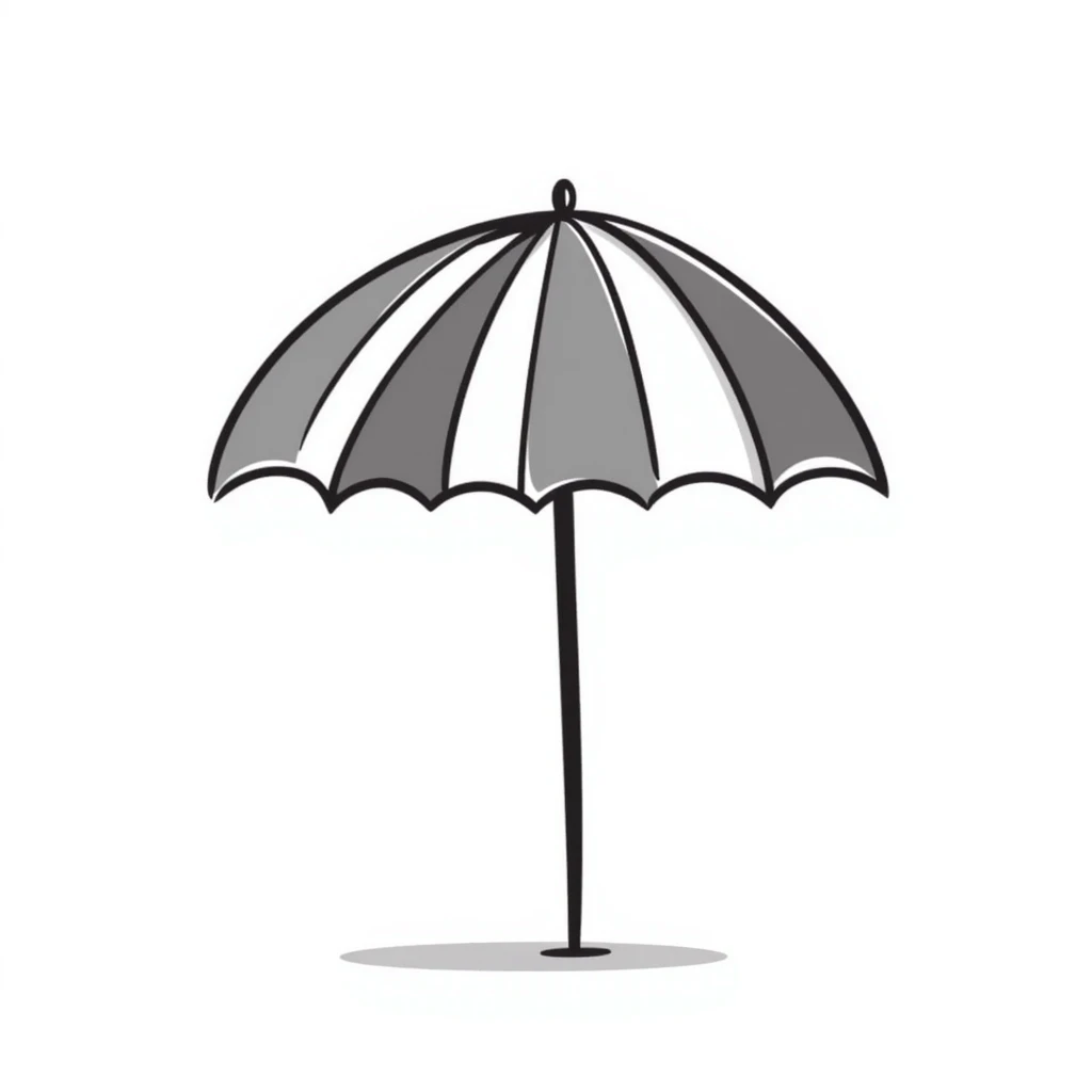 A beach umbrella with stripes in pastel colors (dd9fb0, ffc6d3, a3bfc9, c4bee2, f1b091), hand-drawn doodle style emoji