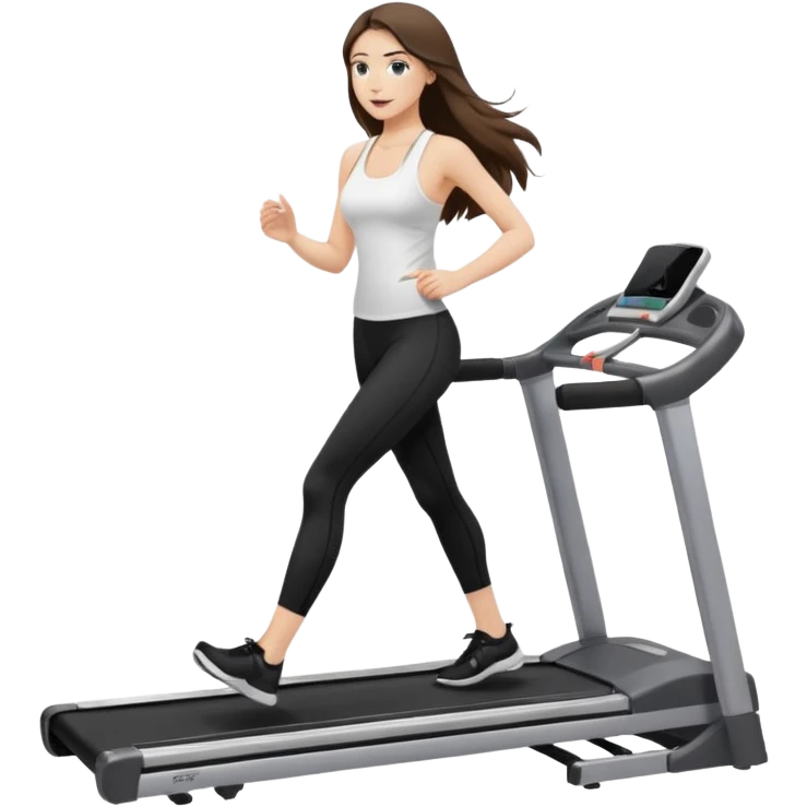 белокожая девушка на беговой дорожке, с правильной анатомией, брюнетка с длинными волосами, в белом топе на тонких лямках и в черных лосинах emoji