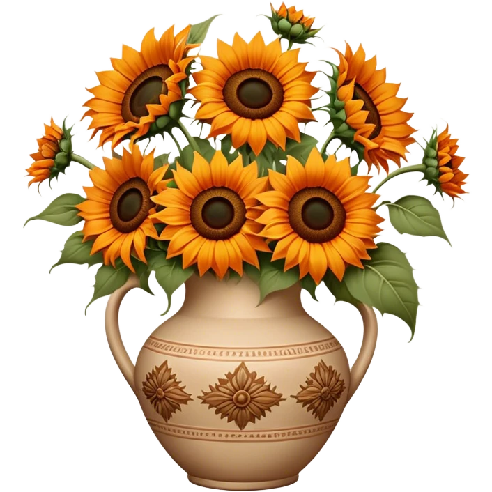 bouquet of bright orange sunflowers in a beige aesthetic vase in vintage style with beautiful ornaments of brown color emoji