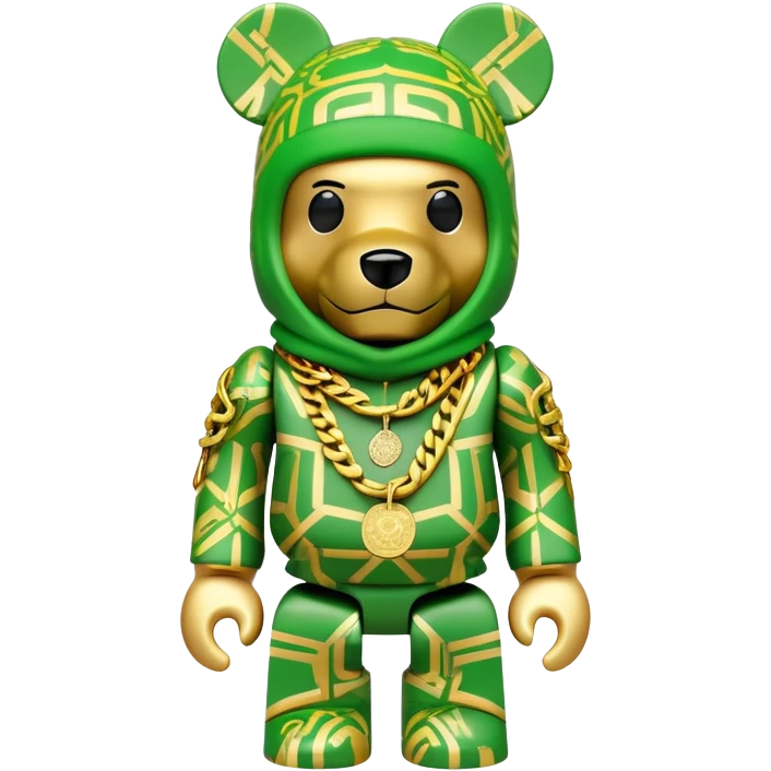 geometric bearbrick with lime balaclava filled with street brand logos graffiti style, wearing multiple heavy gold chains, cuban links and gold medallion, hip hop style emoji