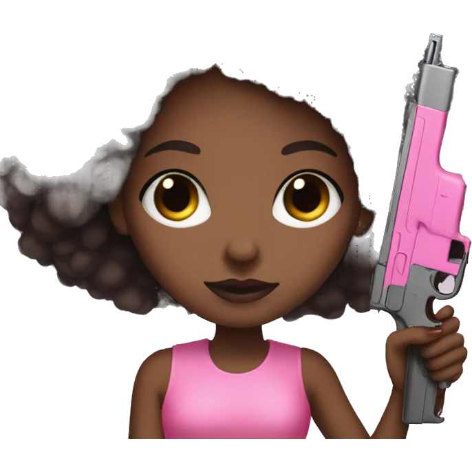 Afro hair brown Girl hand pink nails holding pink gun black eyes emoji