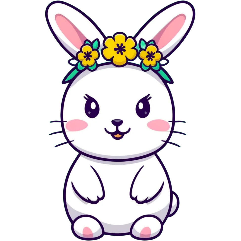 rabbit with a flower crown, surrounded by wildflowers, May Day festival, cheerful expression emoji
