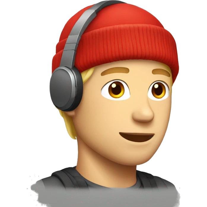 short hair blonde guy with red beanie and headphones on emoji